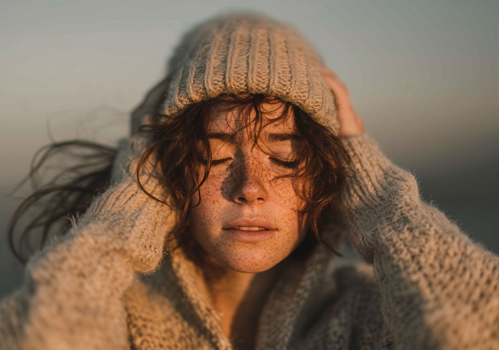 Mulher com roupas de inverno no calor