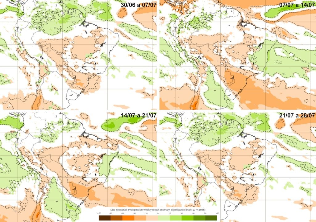 Mapas de previsão semanal de anomalia de chuva do modelo ECMWF para Julho. Mapas de previsão semanal de anomalia de chuva do modelo ECMWF para Julho.