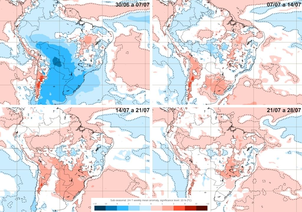 Mapas de previsão semanal de anomalia de temperatura do modelo ECMWF para Julho. Mapas de previsão semanal de anomalia de temperatura do modelo ECMWF para Julho.