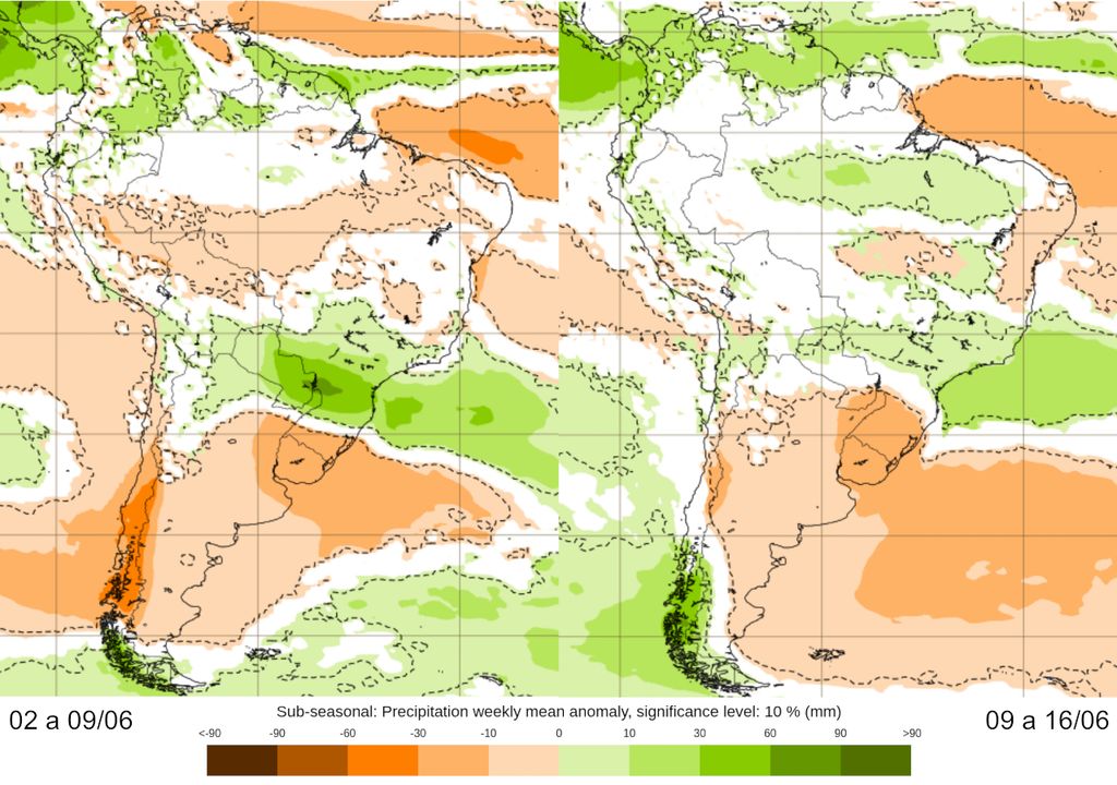 Mapas de previsão semanal de anomalia de chuva do modelo ECMWF para o início de Junho.