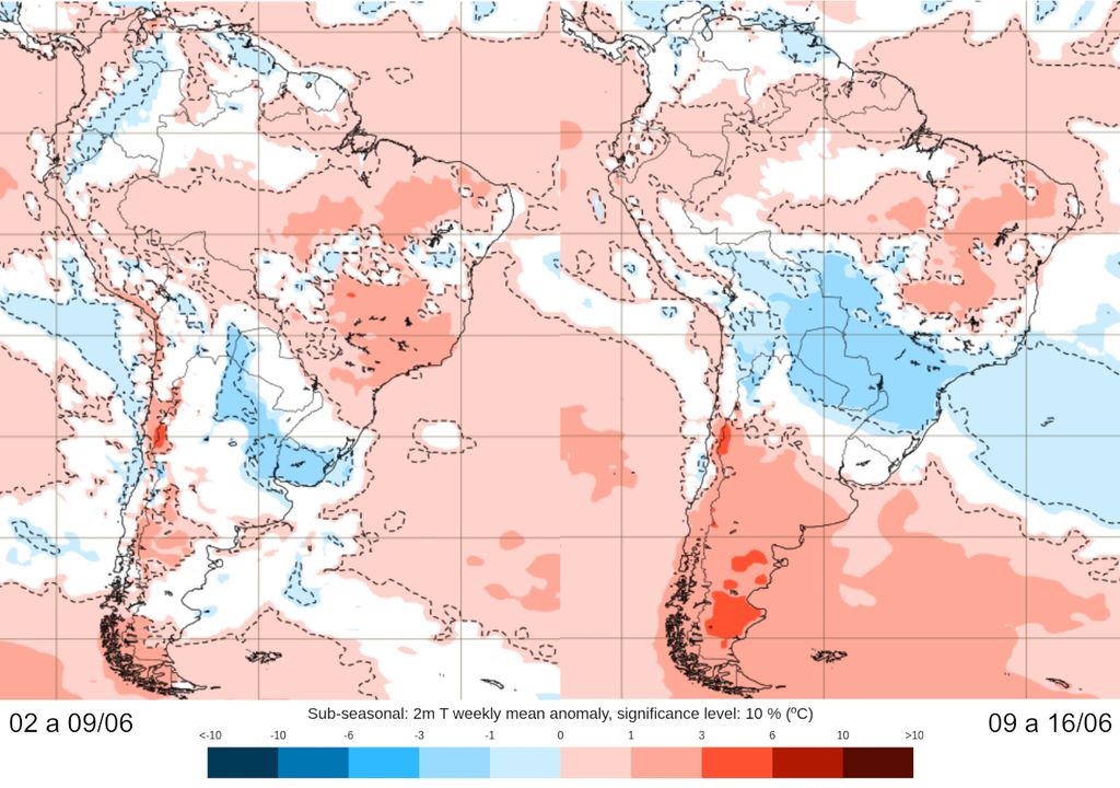 Mapas de previsão semanal de anomalia de temperatura do modelo ECMWF para o início de Junho.