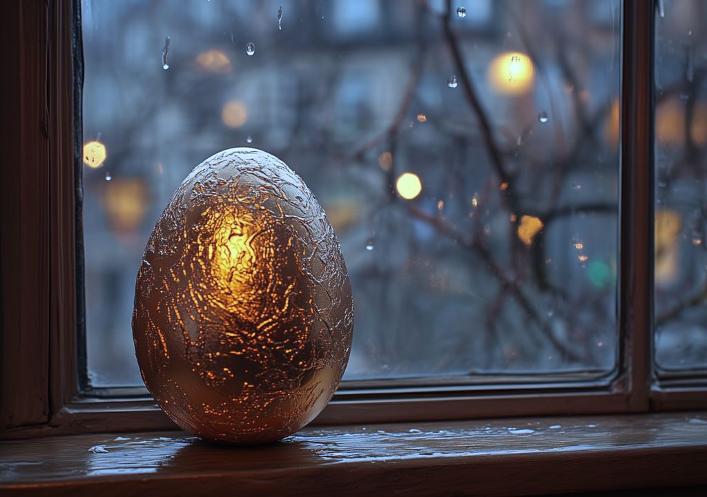Ovo de páscoa em janela chuvosa e fria. Ovo de páscoa em janela chuvosa e fria.