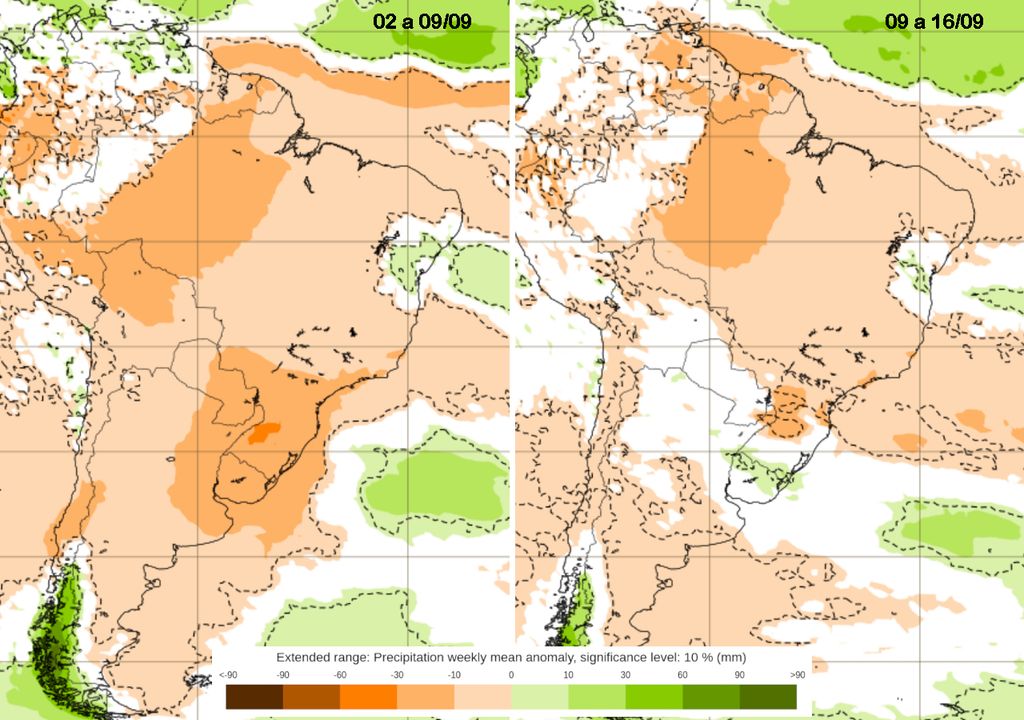 Previsão de anomalia de precipitação do modelo ECMWF para as duas primeiras semanas de Setembro.