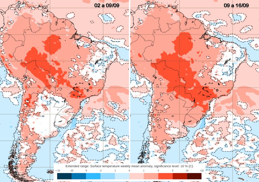 Previsão de anomalia de temperatura do modelo ECMWF para as duas primeiras semanas de Setembro.
