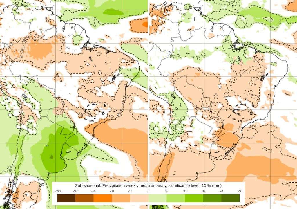 Mapas de previsão semanal de anomalia de chuva do modelo ECMWF nas próximas duas semanas.