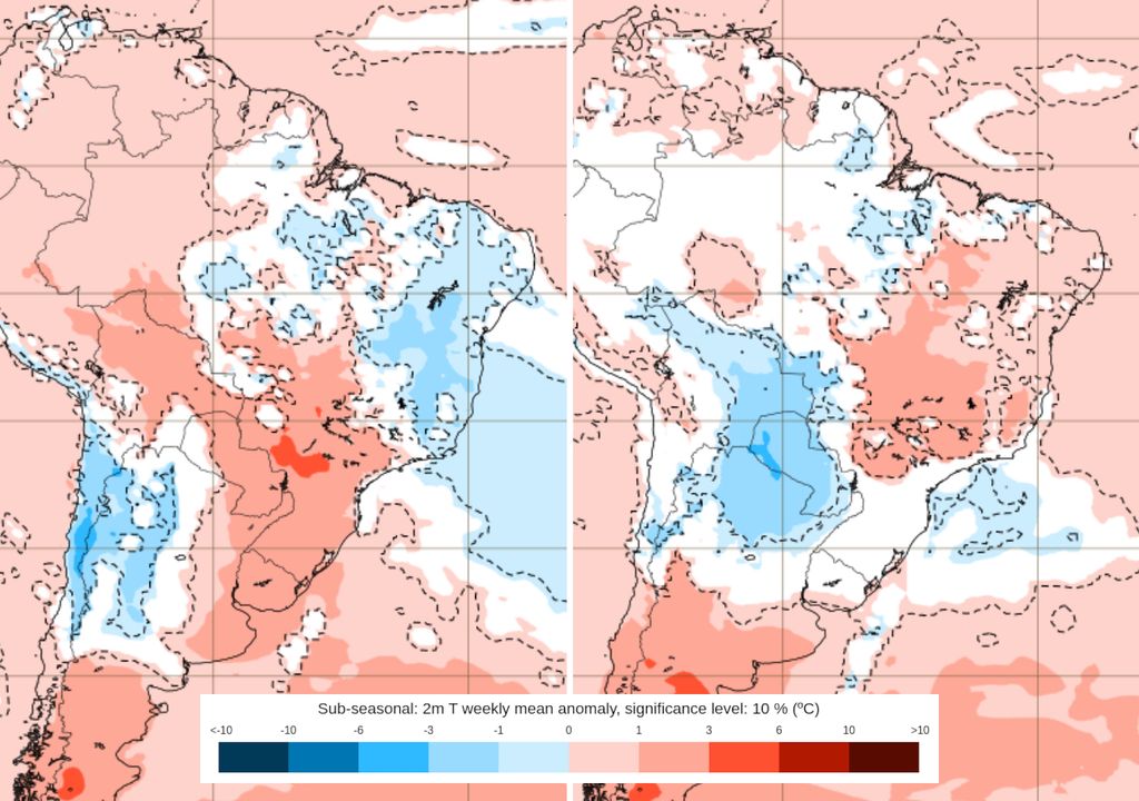 Mapas de previsão semanal de anomalia de temperatura do modelo ECMWF nas próximas duas semanas.