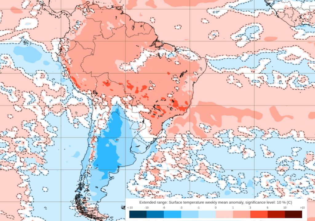 Previsão de anomalias de temperaturas entre 19 e 26 de Agosto do modelo ECMWF