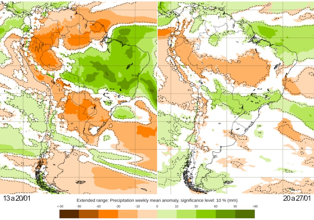 Mapas de previsão semanal de anomalia de chuva do modelo ECMWF para Janeiro.