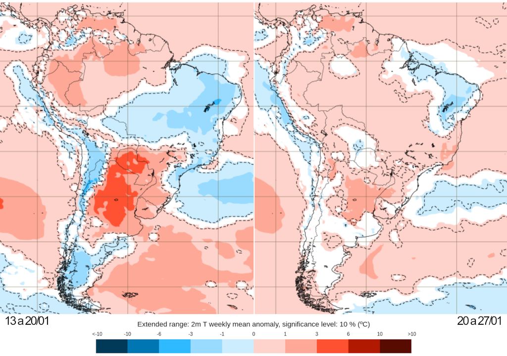 Mapas de previsão semanal de anomalia de temperatura do ECMWF para Janeiro.