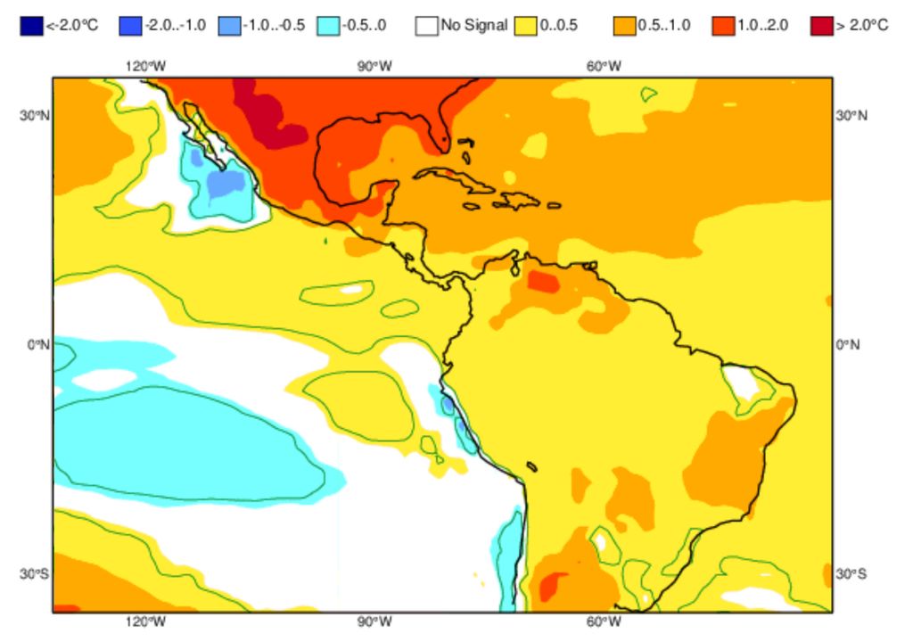 Previsão de anomalias de temperatura do ECMWF para o trimestre Janeiro - Fevereiro - Março.