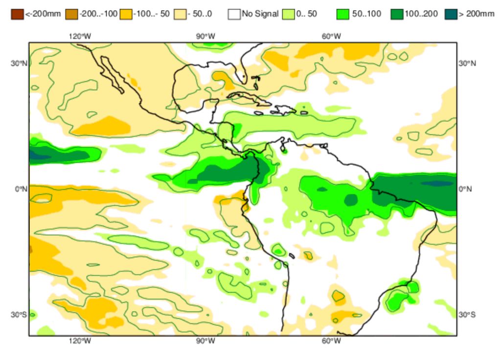 Previsão de anomalias de precipitação do ECMWF para o trimestre Janeiro - Fevereiro - Março.