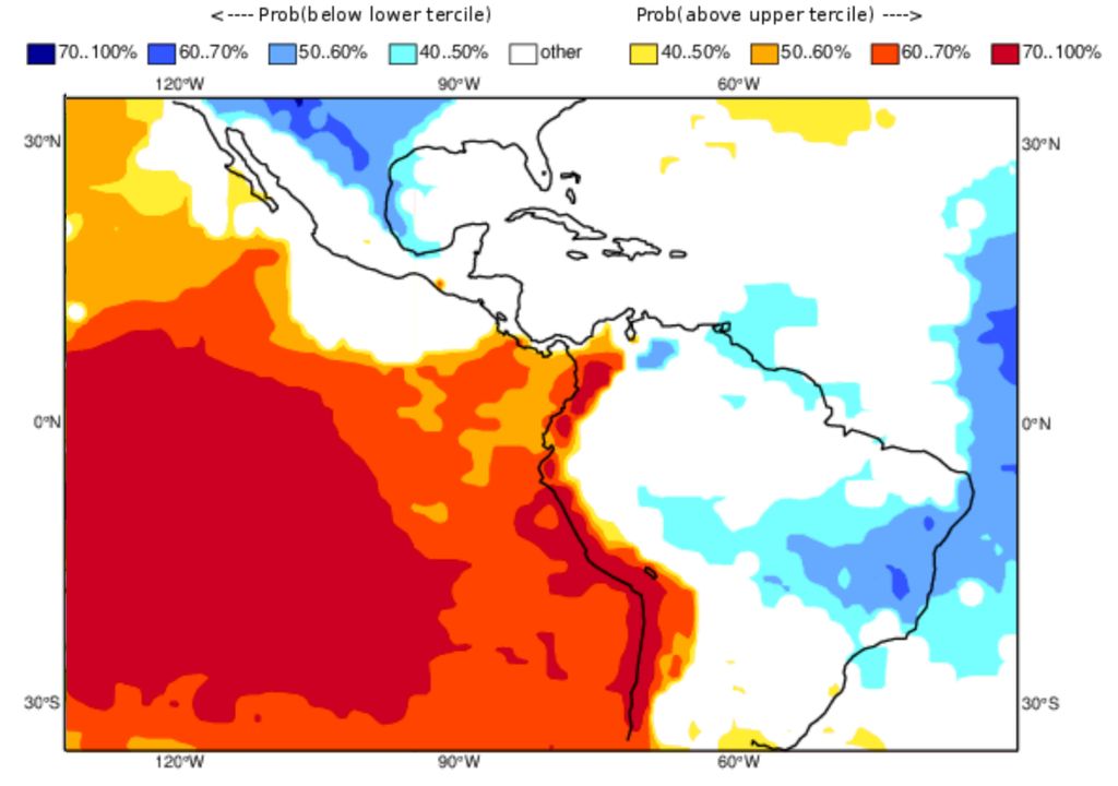 Previsão de anomalias de pressão atmosférica do ECMWF para o trimestre Janeiro - Fevereiro - Março.