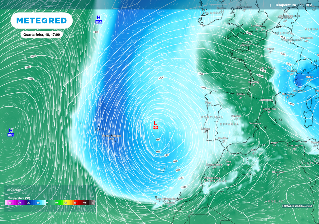 Depressão Therese bem definida a oeste da Península Ibérica, impulsionando ar polar e preparando a descida térmica no continente.