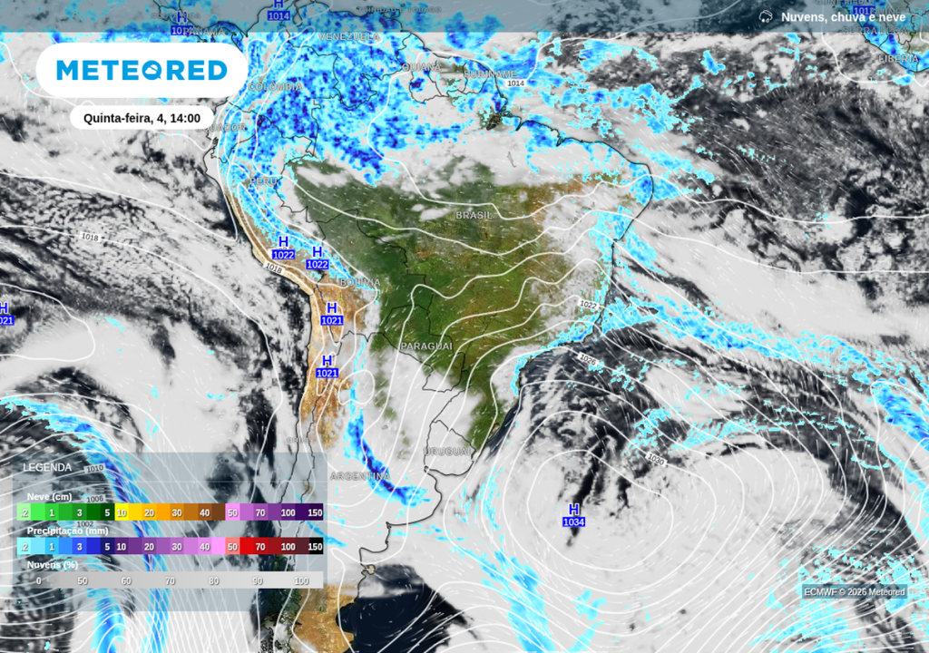 Previsão anticiclone (representado pela letra H nas linhas de pressão), chuva e nebulosidade para quinta-feira (4), segundo o ECMWF. Previsão anticiclone (representado pela letra H nas linhas de pressão), chuva e nebulosidade para quinta-feira (4), segundo o ECMWF.