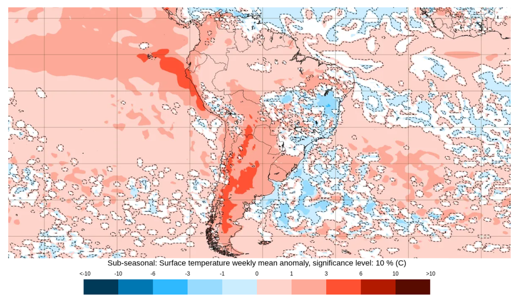 Previsão de anomalia semanal de temperatura (°C) entre 1 e 8 de junho, segundo o ECMWF. Créditos: ECMWF. Previsão de anomalia semanal de temperatura (°C) entre 1 e 8 de junho, segundo o ECMWF. Créditos: ECMWF.