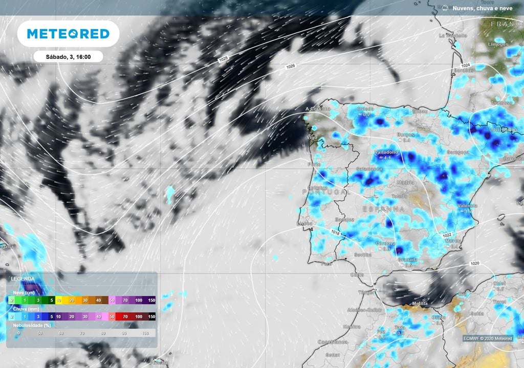 Previsão de nebulosidade e precipitação para as 16:00 de sábado, 3 de outubro.