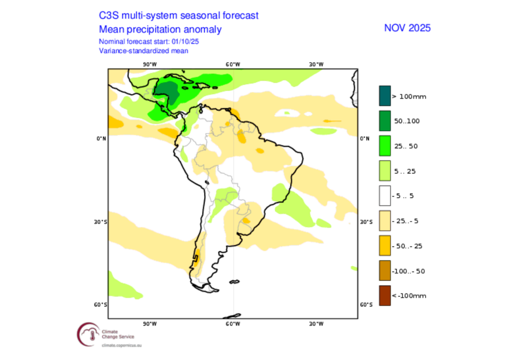 Previsão de anomalia de precipitação em novembro. Créditos: C3S/Copernicus.