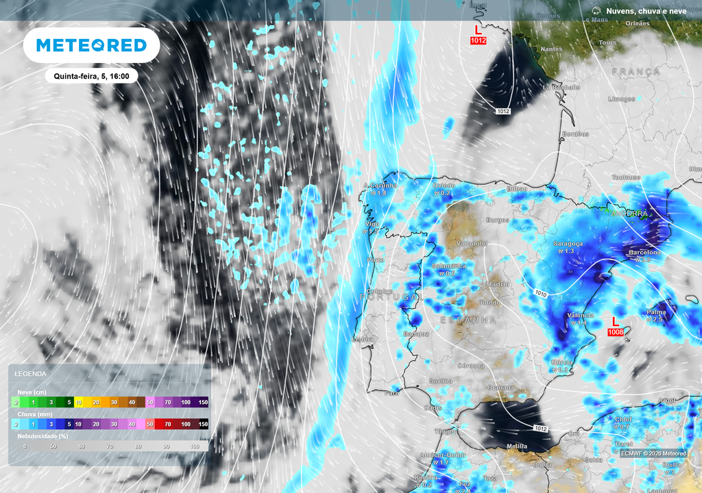 Cavado aprofundado e alinhado meridionalmente. Entrada de frente fria pelo litoral oeste e precipitação associada a centro de baixas pressões ativo (~1008 hPa) no leste peninsular. Precipitação a entrar por oeste e interior.