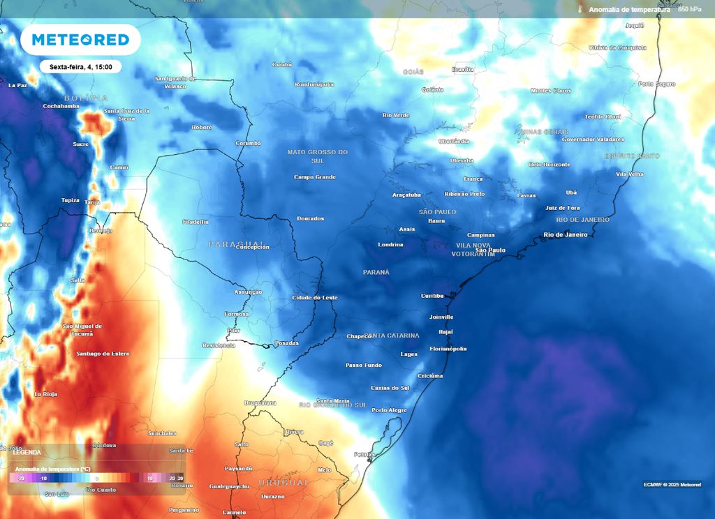 Anomalia de temperatura no nível de 850 hPa para esta sexta-feira (4). Anomalia de temperatura no nível de 850 hPa para esta sexta-feira (4).