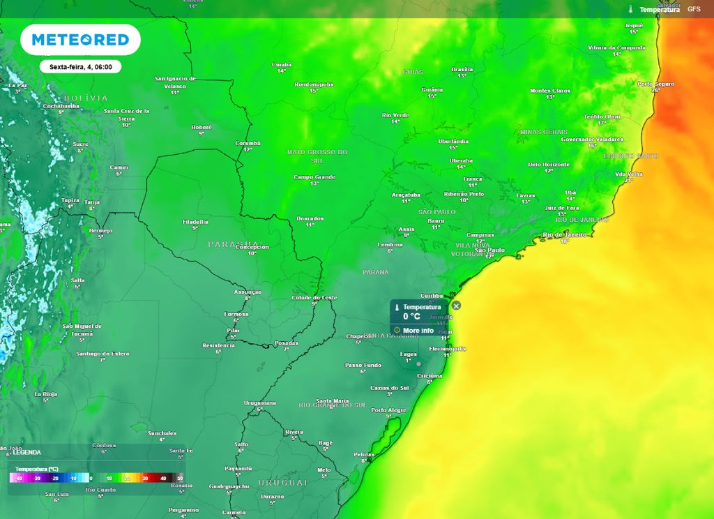 Temperatura mínima prevista para o Sul e Sudeste do Brasil na manhã de sexta-feira (3). Temperatura mínima prevista para o Sul e Sudeste do Brasil na manhã de sexta-feira (3).