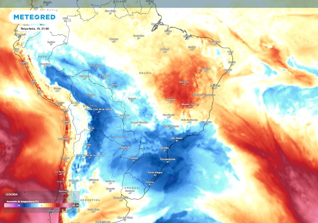 Previsão de anomalias de temperatura no final da terça-feira mostra abrangência da massa de ar polar, que fará as temperaturas caírem em quatro regiões do Brasil - Sul, Sudeste, Centro-Oeste e Norte.
