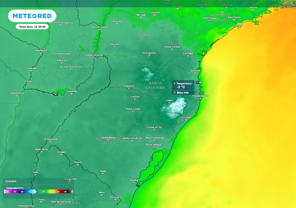 Previsão de temperaturas mínimas na terça-feira durante a madrugada mostra que haverá a formação de temperaturas negativas numa grande quantidade de municípios gaúchos e catarinenses.