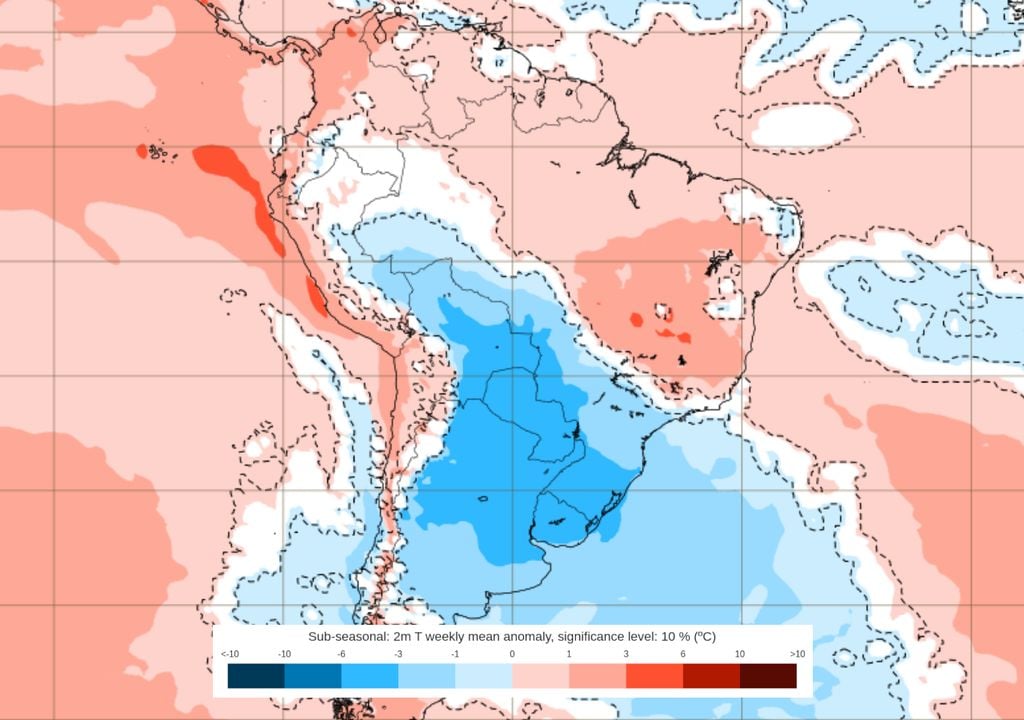 Previsão de anomalias de temperatura entre os dias 18 e 25 de Maio (ECMWF) mostra grande parte do Brasil registrando onda de frio persistente que continua ao longo de todo o mês de Maio.