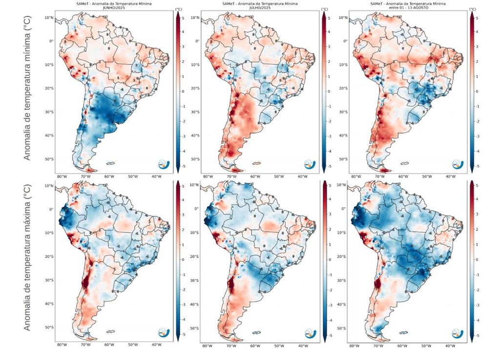 Anomalia de temperatura mínima (painel superior) e máxima (inferior) para junho (esquerda), julho (centro) e primeira quinzena de agosto (direita). Créditos: CPTEC/INPE. Anomalia de temperatura mínima (painel superior) e máxima (inferior) para junho (esquerda), julho (centro) e primeira quinzena de agosto (direita). Créditos: CPTEC/INPE.