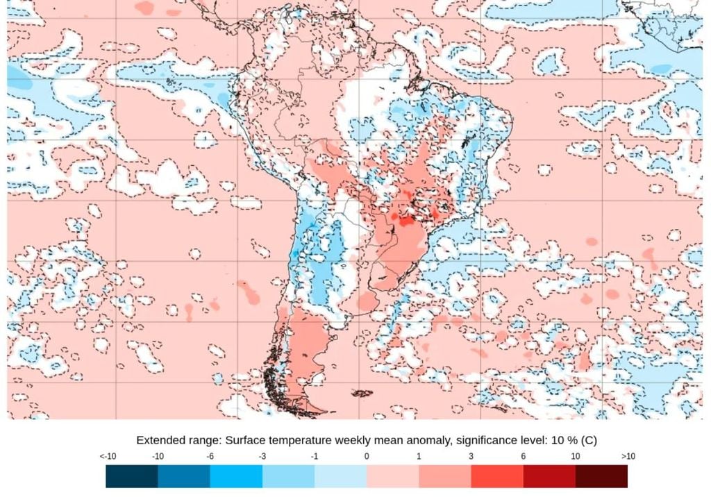 Previsão de anomalia semanal de temperatura para os dias entre 18 e 25 de agosto, de acordo com o ECMWF. Créditos: ECMWF. Previsão de anomalia semanal de temperatura para os dias entre 18 e 25 de agosto, de acordo com o ECMWF. Créditos: ECMWF.