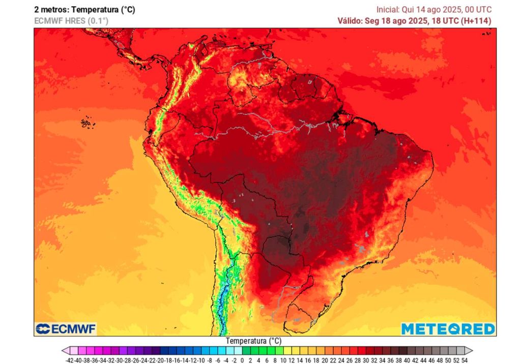Previsão de temperatura máxima na próxima segunda-feira (25), de acordo com o ECMWF. Previsão de temperatura máxima na próxima segunda-feira (25), de acordo com o ECMWF.
