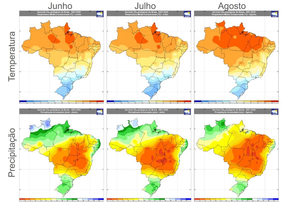 Temperatura e precipitação média (1991-2020) no Brasil para os meses de inverno no Hemisfério Sul, de acordo com o Instituto Nacional de Meteorologia. Créditos: adaptado de INMET.