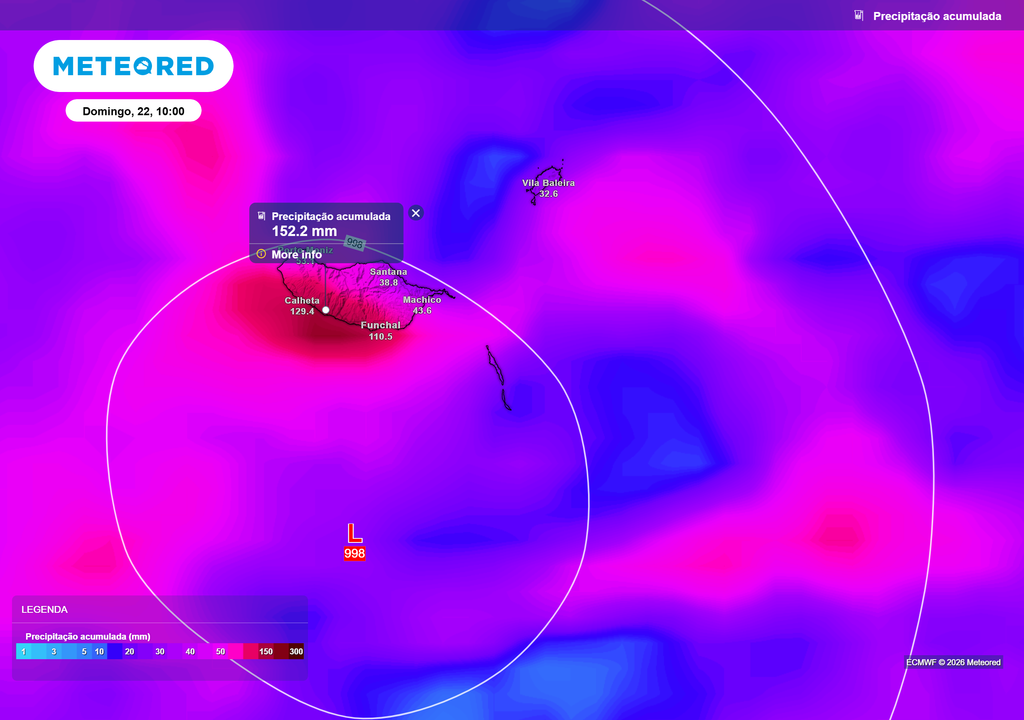 Até ao final dos avisos meteorológicos de chuva, 10h da manhã de domingo (22), os valores de acumulação de precipitação na ilha da Madeira poderão ultrapassar os 150 mm.