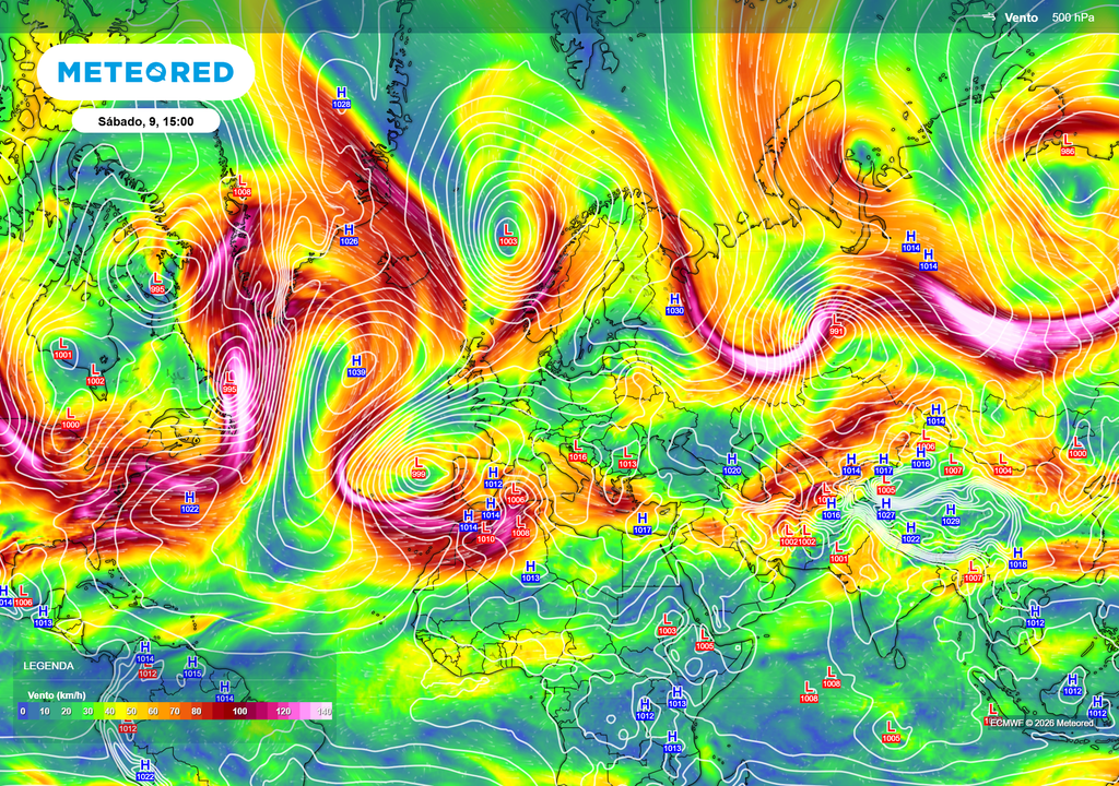 Mapa do vento em altitude mostra um jato polar bastante ondulado, favorecendo a descida de ar frio para latitudes mais baixas e a formação de depressões próximas da Península Ibérica.