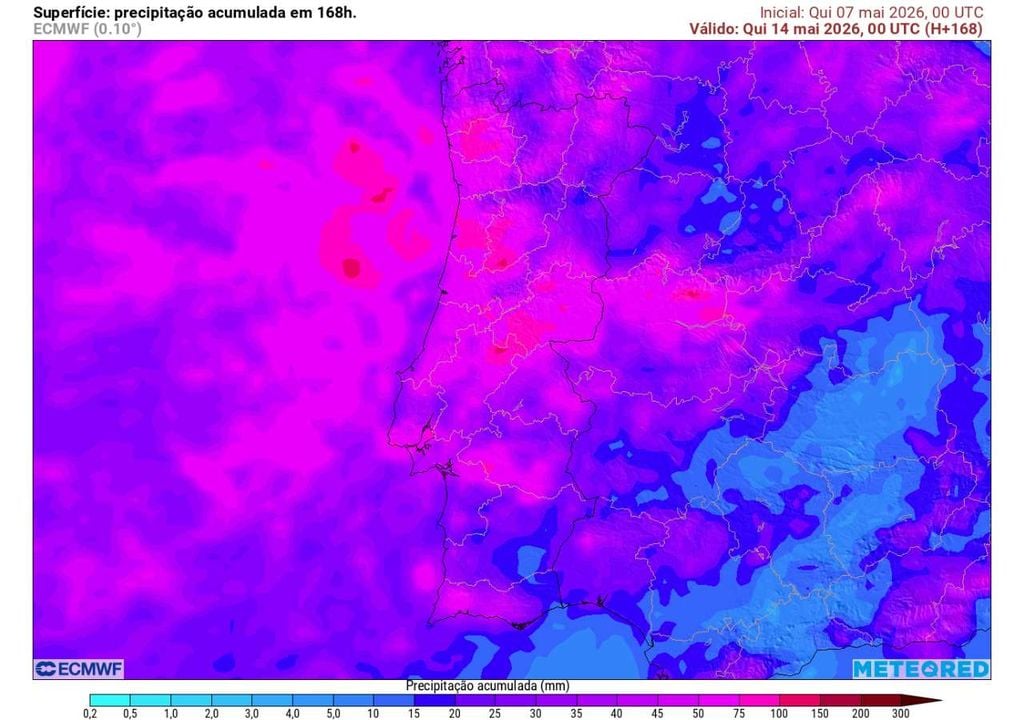 Precipitação acumulada prevista entre 8 e 13 de maio poderá ultrapassar os 50 mm em várias regiões, e ultrapassar os 100 mm localmente, devido à passagem de uma depressão fria sobre a Península Ibérica.