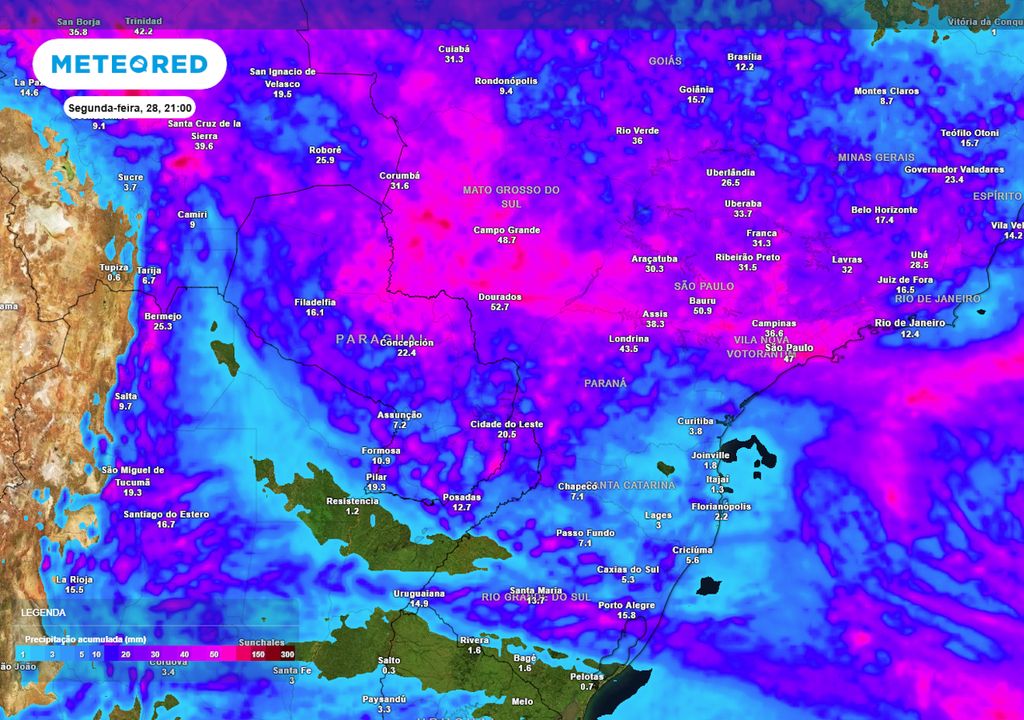 Previsão de acumulados totais de chuva até o final da segunda-feira. Previsão de acumulados totais de chuva até o final da segunda-feira.
