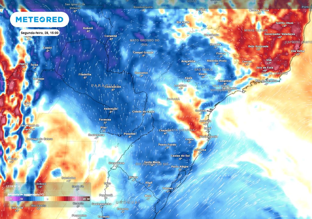 Previsão de ventos e anomalia de temperaturas na segunda-feira de tarde. Previsão de ventos e anomalia de temperaturas na segunda-feira de tarde.
