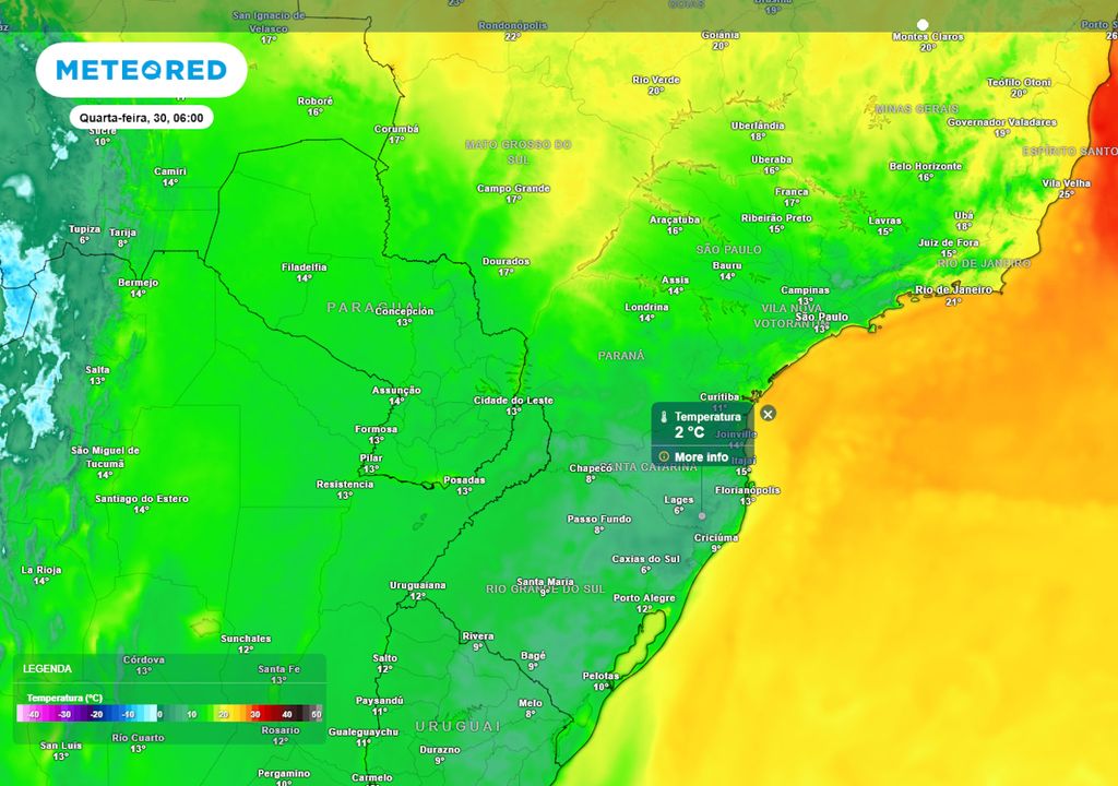 Previsão de temperaturas mínimas na quarta-feira durante a manhã. Previsão de temperaturas mínimas na quarta-feira durante a manhã.