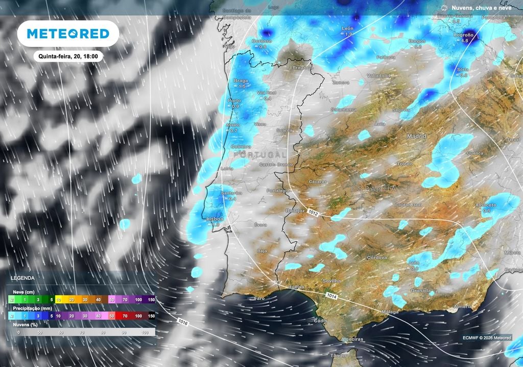 Na quinta-feira, a precipitação deverá abranger sobretudo o Norte e Centro, com maior continuidade junto à faixa litoral. O ECMWF prevê chuva também na região de Lisboa, enquanto no interior e no Sul a precipitação deverá ocorrer de forma mais localizada.