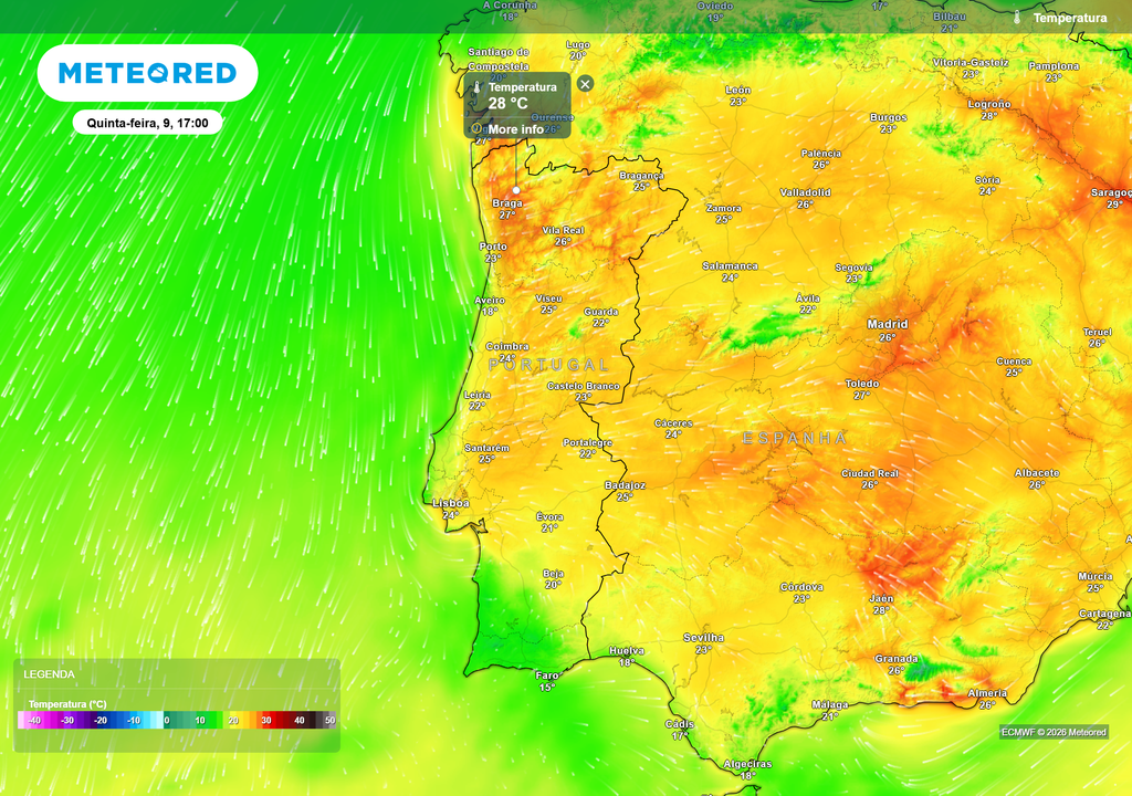 Temperaturas elevadas no Norte e Centro de Portugal, com valores até 28 °C, contrastando com o Sul mais fresco devido à influência de um centro depressionário próximo.