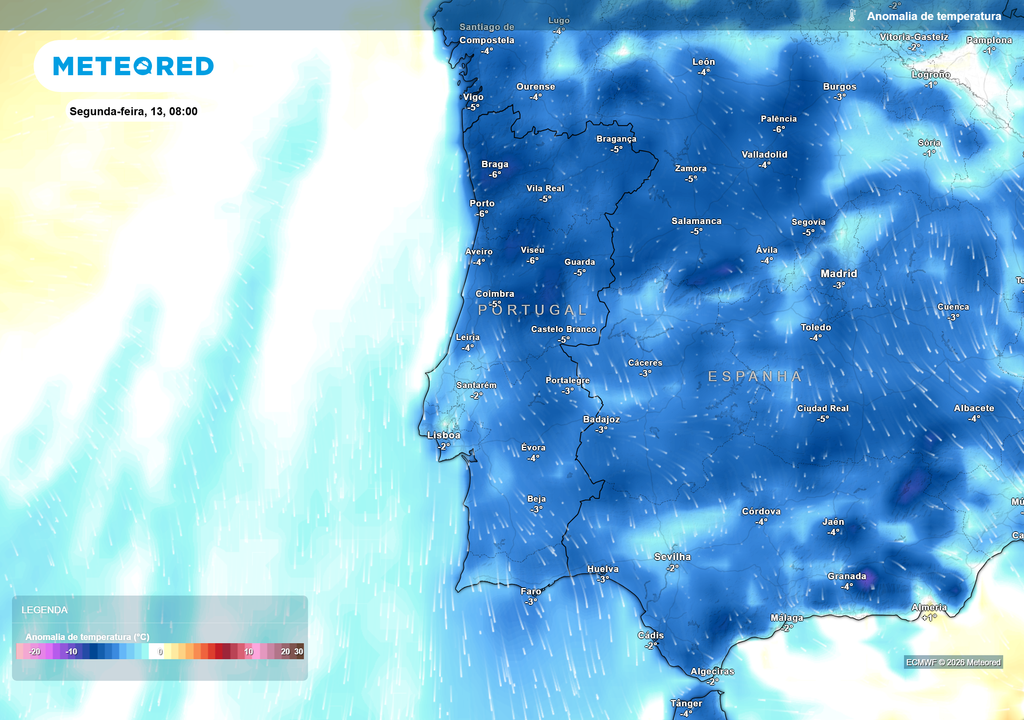 Anomalias negativas generalizadas em Portugal, com temperaturas entre 2 a 6 °C abaixo da média, resultado da ondulação do jato polar, devido ao regime de bloqueio escandinavo.