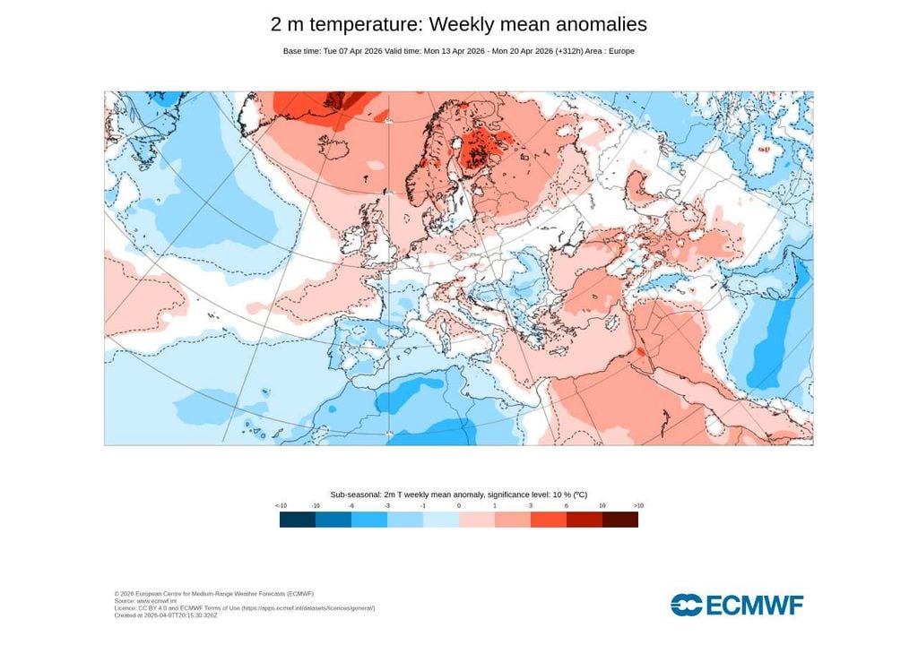 A previsão semanal do ECMWF indica temperaturas abaixo da média climatológica em grande parte da Península Ibérica, reforçando um padrão mais frio do que o habitual.