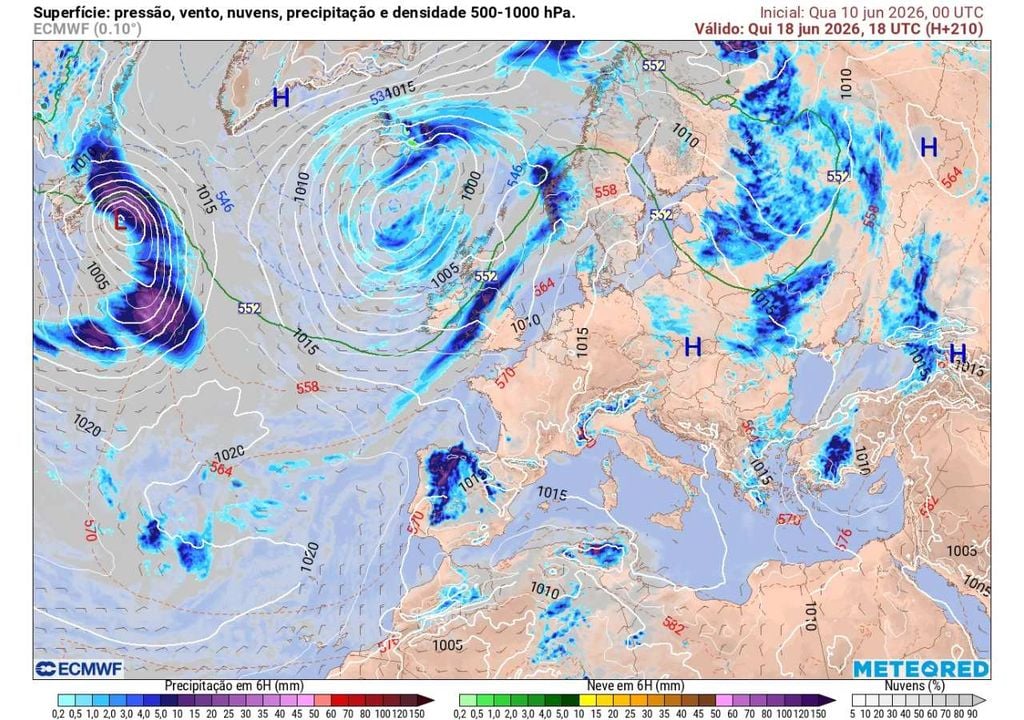 A 18 de junho, os mapas do ECMWF sugerem nova aproximação de instabilidade sob a Península Ibérica, com possibilidade de precipitação moderada em Portugal, sobretudo nas regiões do interior Norte e Centro.