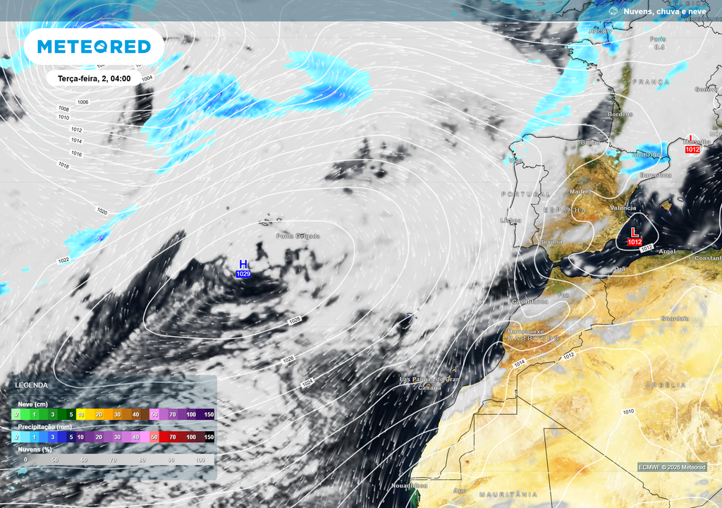 Chuva e Pressão O anticiclone dos Açores começa junho fortalecido, favorecendo estabilidade atmosférica em Portugal, embora ainda permita alguma humidade atlântica.