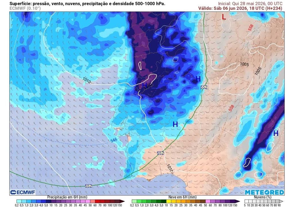 Apesar do regime NAO+, a circulação atlântica continuará ativa, podendo trazer chuva e maior nebulosidade ao Norte e Centro e Sul no primeiro fim de semana de junho.