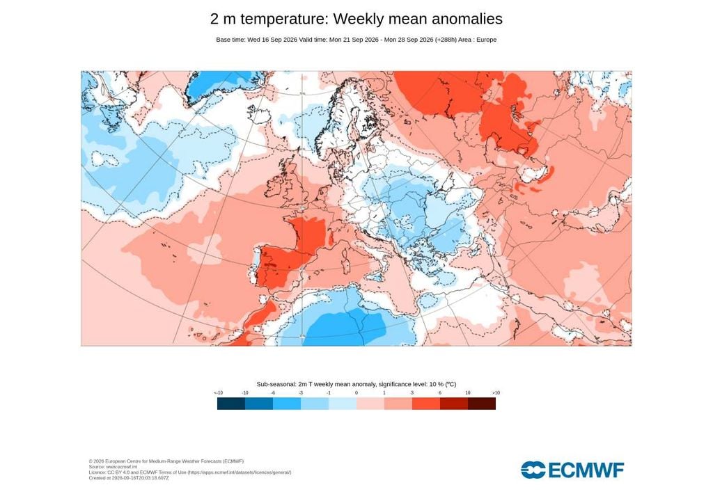 Anomalia média semanal Entre 21 e 28 de setembro, o ECMWF prevê temperaturas médias 3 a 6 ºC acima do normal em grande parte de Portugal, com desvios localmente entre 6 e 10 ºC no interior Centro.