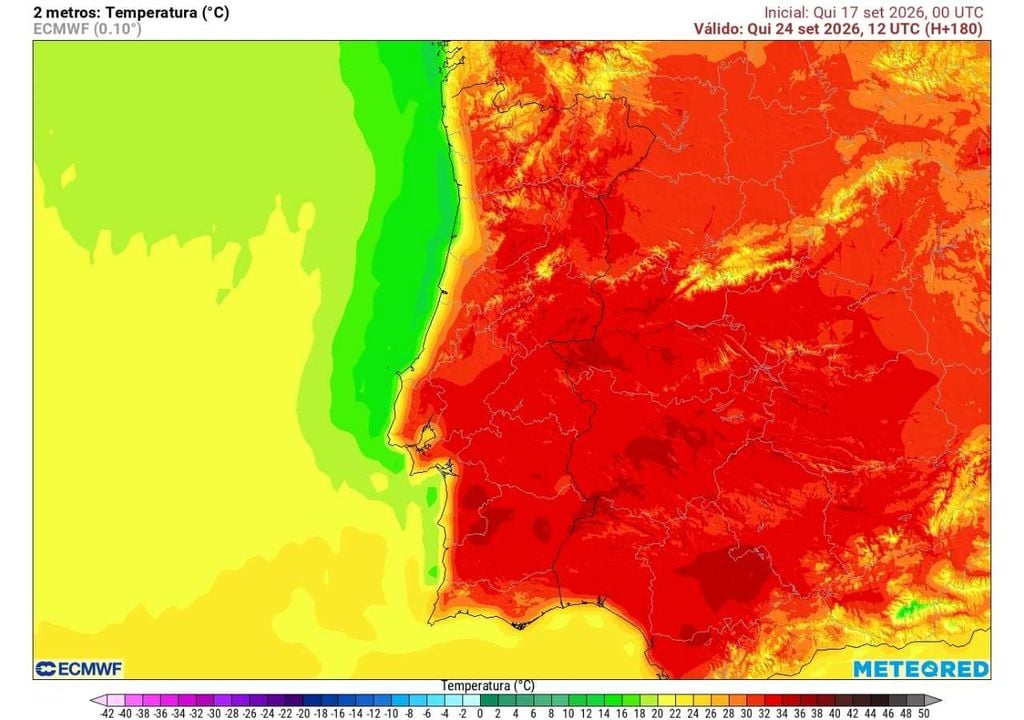 Já em pleno outono astronómico, o calor deverá persistir. Às 12h de dia 24, o ECMWF projeta mais de 34 ºC em alguns pontos do Alentejo, ainda antes do período habitualmente mais quente da tarde.