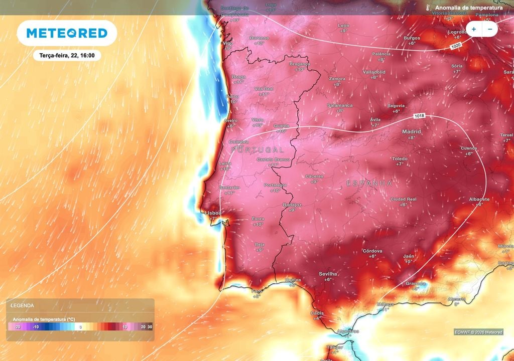 A persistência do calor traduz-se num afastamento muito significativo face aos valores habituais para esta altura do ano. As maiores anomalias deverão concentrar-se no Norte e Centro, atingindo +13 ºC em Viseu e cerca de +10 a +11 ºC em várias localidades.