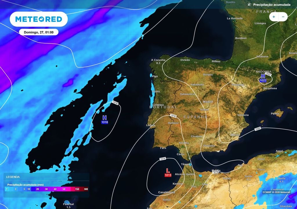 O mapa de precipitação acumulada do modelo europeu até às primeiras horas da madrugada de domingo é bastante evidente: o anticiclone irá desviar a chuva do sudoeste da Europa.