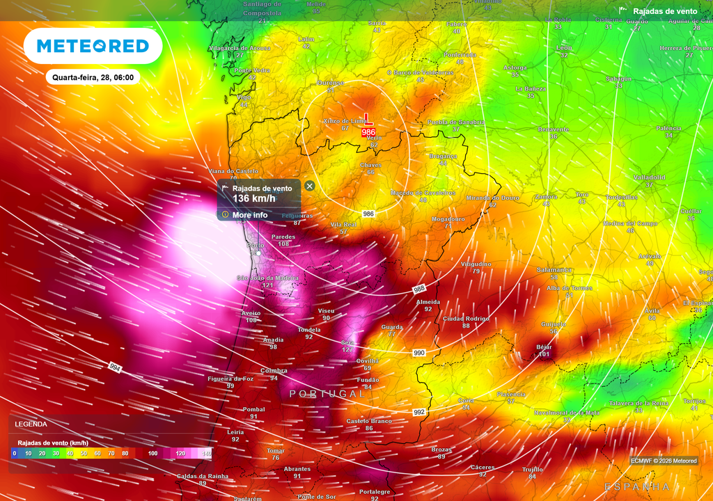 A cidade do Porto poderá registar rajadas de vento com velocidades superiores a 130 km/h na madrugada de quarta-feira, dia 28.