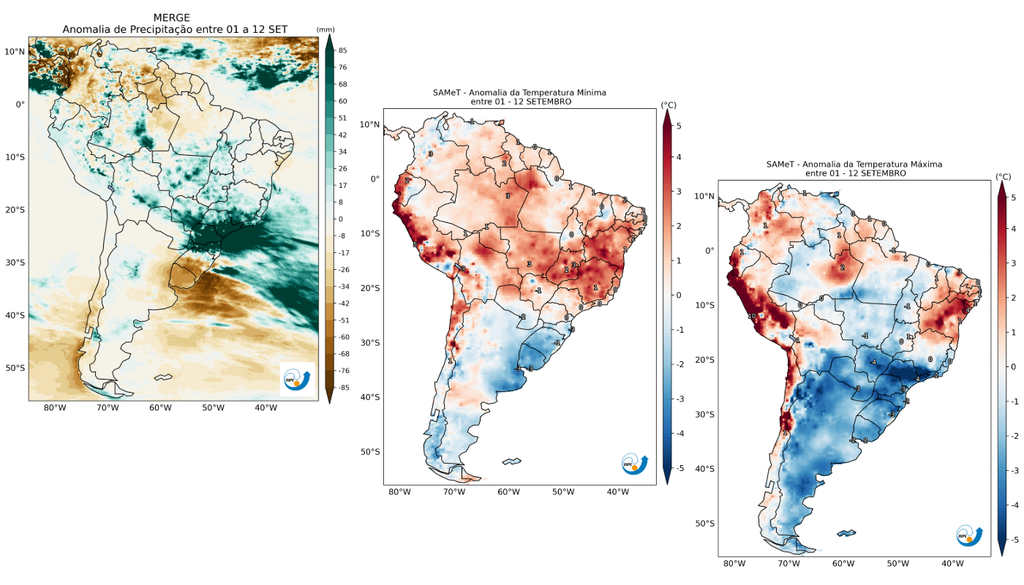Anomalia de precipitação (esquerda), temperatura mínima (centro) e máxima (direita) entre 1 e 12 de setembro, segundo o CPTEC. Créditos: Elaborado por Meteored/Mapas do CPTEC/INPE. Anomalia de precipitação (esquerda), temperatura mínima (centro) e máxima (direita) entre 1 e 12 de setembro, segundo o CPTEC. Créditos: Elaborado por Meteored/Mapas do CPTEC/INPE.